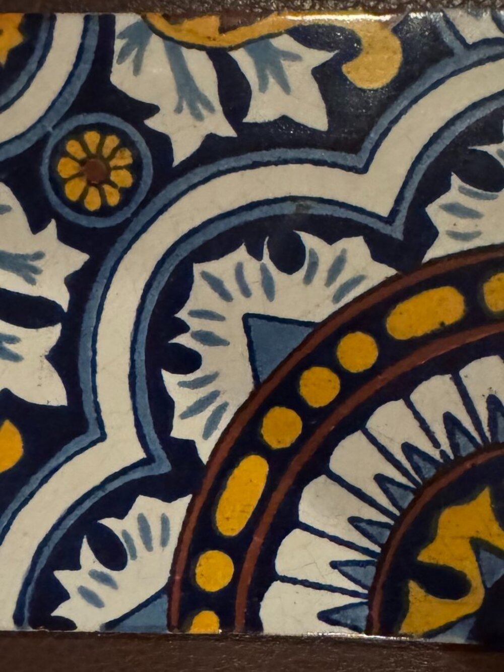 Vintage Hand-Painted Talavera Mexican Tile 4x4", Blue & Yellow Sunburst Design